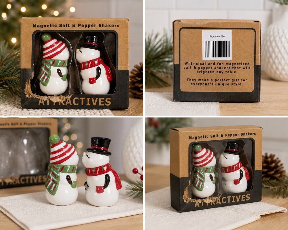 Attractives Snowman Magnetic Salt Pepper Shakers Christmas Ceramic Set NIB